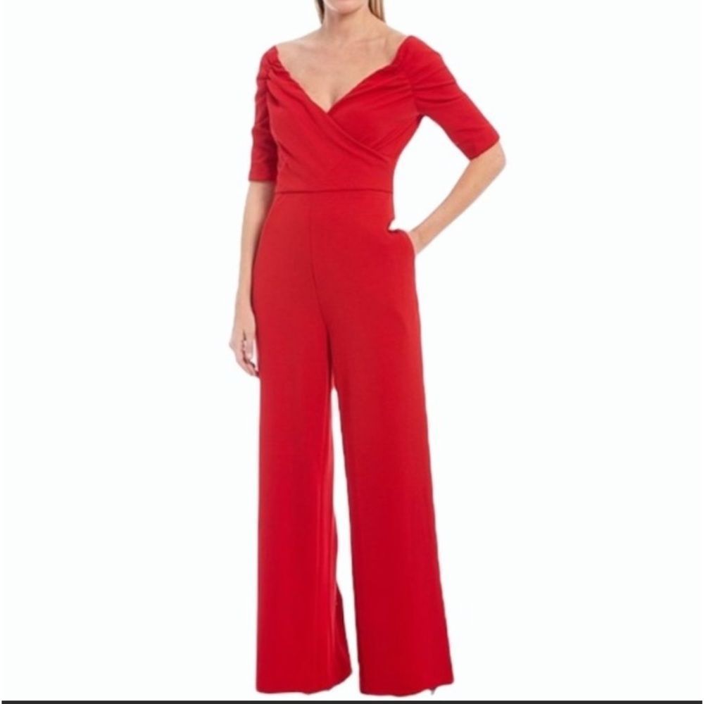 Badgley Mischka Belle Mia Red Ruched Crossover Neckline Wide Leg Jumpsui…